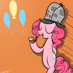 Size: 1000x1000 | Tagged: safe, artist:celine-artnsfw, imported from derpibooru, pinkie pie, earth pony, pony, mmmystery on the friendship express, bipedal, cutie mark, deerstalker, detective, eyes closed, female, hat, mare, open mouth, orange background, pipe, sherlock holmes, sherlock pie, simple background, solo