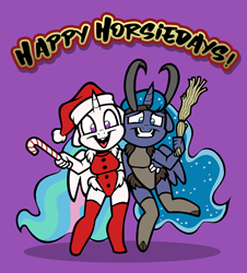 Size: 1000x1105 | Tagged: safe, artist:toonbat, imported from derpibooru, princess celestia, princess luna, alicorn, anthro, birch, birch tree, candy, candy cane, christmas, clothes, costume, duo, female, food, holiday, horns, krampus, pun, royal sisters, santa costume, swimsuit