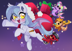 Size: 3507x2481 | Tagged: safe, artist:techycutie, imported from derpibooru, oc, oc only, oc:assateagues phoenix, oc:roaring thunder, oc:saltwater taffy, hippogriff, pony, bag, bow, braid, button eyes, christmas, clothes, costume, female, group shot, hat, holiday, male, mascot, plushie, present, sack, santa costume, santa hat, seaquestriafest, stars