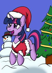 Size: 1500x2100 | Tagged: safe, artist:trash anon, imported from derpibooru, twilight sparkle, pony, unicorn, christmas, christmas tree, clothes, costume, cute, cutie mark, eyelashes, female, hat, holiday, horn, mare, multicolored mane, multicolored tail, open mouth, prancing, santa costume, santa hat, smiling, snow, snowman, solo, tail, tree, twiabetes