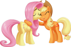 Size: 1024x674 | Tagged: safe, artist:cloudy glow, artist:cloudyglow, artist:littmosa, imported from derpibooru, applejack, fluttershy, earth pony, pegasus, pony, duo, eyes closed, female, folded wings, hug, mare, simple background, smiling, transparent background, wings