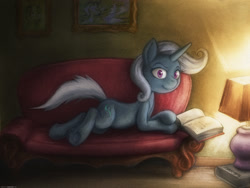 Size: 1600x1200 | Tagged: safe, artist:darkdoomer, imported from derpibooru, trixie, pony, unicorn, bedroom eyes, book, colored, couch, female, lamp, laying on stomach, looking at you, mare, prone, reading, solo, traditional art