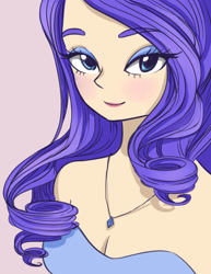 Size: 1235x1600 | Tagged: safe, artist:0cilo, imported from derpibooru, rarity, human, bare shoulders, beautiful, breasts, bust, cleavage, cute, eyeshadow, female, humanized, jewelry, lidded eyes, looking at you, makeup, necklace, purple background, raribetes, simple background, solo