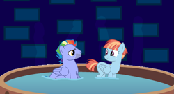 Size: 1337x728 | Tagged: safe, artist:dashiesparkle, artist:dashiesparkle edit, artist:electrochoc, artist:zigrock, edit, imported from derpibooru, vector edit, bow hothoof, windy whistles, accessory-less edit, female, hot tub, husband and wife, looking at each other, male, missing accessory, shipping, smiling, steam, straight, tub, vector, windyhoof