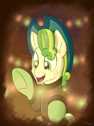Size: 1850x2480 | Tagged: safe, artist:litrojia, imported from derpibooru, pistachio, earth pony, pony, best gift ever, abstract background, christmas, clothes, hat, hearth's warming, holiday, led, lights, male, open mouth, raised hoof, raised leg, sitting, smiling, socks, solo, stallion, sweater