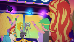 Size: 1920x1080 | Tagged: safe, imported from derpibooru, screencap, adagio dazzle, aria blaze, hunter hedge, lemon zack, microchips, sandy cerise, snow flower, sonata dusk, sunset shimmer, human, equestria girls, equestria girls series, sunset's backstage pass!, spoiler:eqg series (season 2), ass, butt, cellphone, female, headband, male, phone, singing, smartphone, stage, stage light, the dazzlings, waving