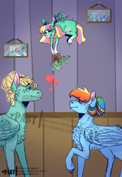 Size: 1024x1490 | Tagged: safe, artist:baegrease, imported from derpibooru, rainbow dash, zephyr breeze, oc, oc:ice cloud, pegasus, pony, alternate hairstyle, cheek fluff, chest fluff, christmas, cloven hooves, cute, ear fluff, eyes closed, family photo, female, filly, hair bun, heart, holiday, leg fluff, male, mare, mistletoe, offspring, parent:rainbow dash, parent:zephyr breeze, parents:zephdash, shipper on deck, shipping, smiling, stallion, straight, zephdash