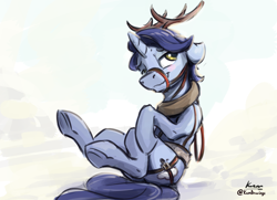 Size: 2400x1734 | Tagged: safe, artist:kam, imported from derpibooru, november rain, deer, pony, reindeer, unicorn, antlers, bedroom eyes, christmas, friendship student, harness, holiday, male, reins, snow, solo, tack
