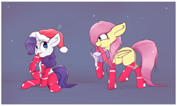 Size: 5000x3000 | Tagged: safe, artist:rainyvisualz, imported from derpibooru, fluttershy, rarity, pegasus, pony, unicorn, christmas, clothes, duo, female, gift wrapped, hat, holiday, mare, mouth hold, present, santa hat, socks, stockings, thigh highs