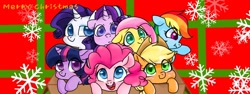 Size: 1920x720 | Tagged: safe, artist:colorfulcolor233, artist:oofycolorful, imported from derpibooru, applejack, fluttershy, pinkie pie, rainbow dash, rarity, starlight glimmer, twilight sparkle, earth pony, pony, unicorn, alternate mane seven, blushing, box, christmas, colored pupils, cute, female, holiday, looking at you, mane six, mare, open mouth, pixiv, pony in a box, scrunchy face, smiling, snow, snowflake, too cute