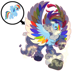 Size: 1600x1600 | Tagged: safe, artist:bearmation, imported from derpibooru, rainbow dash, pegasus, cloud, colored wings, crossover, dynamax, female, gigantamax, glowing eyes, macro, multicolored wings, pokemon sword and shield, pokémon, rainbow feathers, rainbow wings, simple background, solo, thunder, transparent background, wings