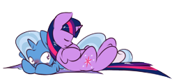 Size: 1408x655 | Tagged: safe, artist:kryptchild, edit, imported from derpibooru, trixie, twilight sparkle, pony, unicorn, convenient trixie, female, inconvenient trixie, lesbian, shipping, simple background, transparent background, twixie, vector