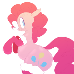 Size: 2296x2310 | Tagged: safe, artist:hattsy, imported from derpibooru, pinkie pie, earth pony, pony, balloonbutt, belly, butt, christmas, clothes, cute, diapinkes, dock, evening gloves, female, gloves, high res, holiday, long gloves, looking back, mare, plot, rearing, simple background, smiling, socks, solo, stockings, thigh highs, white background