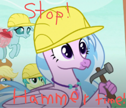 Size: 496x426 | Tagged: safe, imported from derpibooru, applejack, ocellus, sandbar, silverstream, changeling, earth pony, hippogriff, pony, non-compete clause, 1000 hours in ms paint, hammer, hard hat, mc hammer, smiling, song reference, u can't touch this