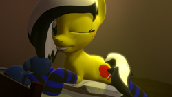 Size: 1920x1080 | Tagged: safe, artist:marianokun, imported from derpibooru, oc, oc only, oc:uppercute, earth pony, pony, 3d, bed, bedroom, bedroom eyes, blue, boxing gloves, clothes, cute, pillow, socks, solo, source filmmaker, striped socks