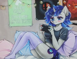 Size: 2789x2146 | Tagged: safe, artist:manekoart, imported from derpibooru, oc, oc only, oc:moonlit silver, anthro, unicorn, anthro oc, bed, blushing, clothes, female, nintendo switch, pillow, shirt, socks, solo, stockings, string lights, thigh highs