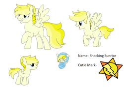 Size: 1108x810 | Tagged: safe, artist:dudleybrittany1399, artist:selenaede, imported from derpibooru, oc, oc only, oc:shocking sunrise, pegasus, pony, icey-verse, baby, baby pony, base used, colt, female, flying, grin, magical lesbian spawn, male, mare, offspring, open mouth, parent:misty fly, parent:surprise, parents:mistyprise, raised hoof, raised leg, reference sheet, rule 63, simple background, smiling, solo, stallion, white background