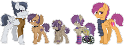 Size: 1024x372 | Tagged: safe, artist:king-justin, imported from derpibooru, rumble, scootaloo, clothes, disabled, family, female, male, offspring, parent:rumble, parent:scootaloo, parents:rumbloo, rumbloo, scarf, shipping, simple background, socks, straight, striped socks, transparent background