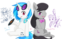 Size: 750x477 | Tagged: safe, artist:135sky, imported from derpibooru, dj pon-3, octavia melody, vinyl scratch, earth pony, pony, unicorn, bow (instrument), cello, colored pupils, cute, disc, duo, female, heart, mare, music notes, musical instrument, open mouth, pixiv, simple background, sitting, tavibetes, tongue out, turntable, vinylbetes, white background