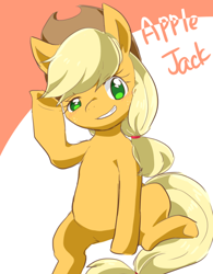 Size: 630x809 | Tagged: safe, artist:135sky, imported from derpibooru, applejack, earth pony, pony, cute, female, jackabetes, mare, no pupils, pixiv, sitting, smiling, solo