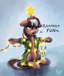 Size: 949x1122 | Tagged: safe, artist:nemo2d, imported from derpibooru, oc, oc only, oc:roulette, earth pony, pony, fallout equestria, fallout equestria: red 36, christmas, christmas lights, christmas tree, clothes, fanfic art, female, hearth's warming eve, holiday, jacket, mare, sigh, simple background, tree, unamused