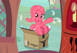 Size: 3300x2272 | Tagged: safe, artist:badumsquish, derpibooru exclusive, imported from derpibooru, oc, oc only, oc:amy zon, mimic, mimic pony, monster pony, original species, amazon.com, ambush, box, cave, dark, delivery, doorway, drool, fangs, female, golden oaks library, grin, implied twilight sparkle, open mouth, seems legit, smiling, solo, tongue pony