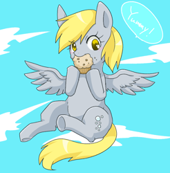 Size: 796x810 | Tagged: safe, artist:135sky, imported from derpibooru, derpy hooves, pegasus, pony, blushing, cloud, cute, derpabetes, dialogue, eating, female, flying, food, mare, muffin, pixiv, sky, solo, speech bubble, spread wings, that pony sure does love muffins, wings