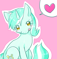 Size: 650x669 | Tagged: safe, artist:135sky, imported from derpibooru, lyra heartstrings, pony, unicorn, blushing, cute, female, heart, looking at you, lyrabetes, mare, pictogram, pink background, pixiv, simple background, sitting, solo, speech bubble, tongue out