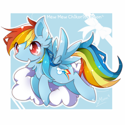 Size: 800x800 | Tagged: safe, artist:chikoritamoon, imported from derpibooru, rainbow dash, pegasus, pony, abstract background, backwards cutie mark, blushing, bow, cloud, colored pupils, cute, dashabetes, ear fluff, female, mare, neck fluff, on a cloud, open mouth, pixiv, solo