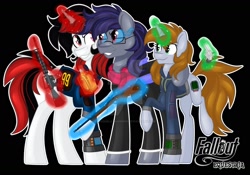 Size: 1600x1122 | Tagged: safe, artist:missbramblemele, artist:missmele-madness, imported from derpibooru, oc, oc:blackjack, oc:littlepip, pony, unicorn, fallout equestria, fallout equestria: project horizons, assault rifle, black background, bottle, clothes, deviantart watermark, fanfic, fanfic art, female, glasses, glowing horn, grin, gun, handgun, hooves, horn, jumpsuit, levitation, little macintosh, magic, male, mare, obtrusive watermark, optical sight, pipbuck, raised hoof, revolver, rifle, scope, simple background, smiling, sniper rifle, stallion, telekinesis, vault suit, watermark, weapon