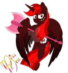 Size: 1600x1707 | Tagged: safe, artist:missbramblemele, artist:missmele-madness, imported from derpibooru, oc, oc only, alicorn, pony, axe, deviantart watermark, female, mare, obtrusive watermark, simple background, solo, transparent background, watermark, weapon