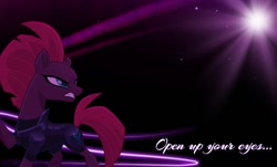 Size: 776x470 | Tagged: safe, artist:z3bradan, imported from derpibooru, fizzlepop berrytwist, tempest shadow, pony, unicorn, my little pony: the movie, black background, broken horn, dark, female, horn, mare, purple, quote, simple background, solo, stars, wallpaper