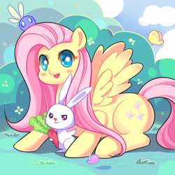 Size: 4724x4724 | Tagged: safe, artist:loki, imported from derpibooru, angel bunny, fluttershy, butterfly, parasprite, pegasus, pony, rabbit, absurd resolution, animal, blushing, bush, carrot, colored pupils, cute, duo, female, food, looking at you, mare, open mouth, outdoors, pixiv, prone, shyabetes, smiling, spread wings, wings