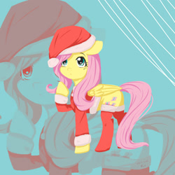 Size: 2000x2000 | Tagged: safe, artist:kill5555, imported from derpibooru, fluttershy, pegasus, pony, christmas, clothes, costume, cute, female, folded wings, high res, holiday, looking up, mare, pixiv, raised hoof, santa costume, shyabetes, socks, solo, standing, wings, zoom layer