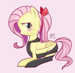 Size: 1500x1459 | Tagged: safe, artist:kill5555, imported from derpibooru, fluttershy, pegasus, pony, alternate hairstyle, backless, blushing, bow, clothes, cute, female, hair bow, mare, open-back sweater, pink background, pixiv, ponytail, profile, prone, shyabetes, simple background, sleeveless sweater, socks, solo, sweater, virgin killer sweater