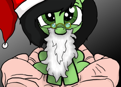 Size: 2100x1500 | Tagged: safe, artist:anon3mous1, imported from derpibooru, oc, oc:filly anon, earth pony, human, pony, christmas, clothes, costume, cute, fake beard, female, filly, holding a pony, holiday, santa beard, santa costume, sitting