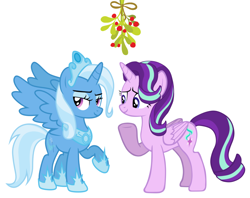 Size: 1604x1272 | Tagged: safe, artist:dashievectors9000, artist:strawberry-pannycake, edit, imported from derpibooru, starlight glimmer, trixie, alicorn, alicornified, christmas, female, holiday, lesbian, mistleholly, princess of humility, race swap, shipping, starlicorn, startrix, trixiecorn, xk-class end-of-the-world scenario