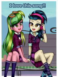 Size: 976x1300 | Tagged: safe, artist:nekojackun, imported from derpibooru, indigo zap, lemon zest, equestria girls, friendship games, ass, bench, butt, clothes, colored pupils, crystal prep academy uniform, cute, duo, duo female, female, goggles, headphones, holding hands, indiglute zap, legs, open mouth, school uniform, schrödinger's pantsu, sitting, socks, thighs, zapabetes, zestabetes, zestybutt