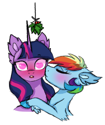 Size: 1168x1392 | Tagged: safe, artist:koloredkat, imported from derpibooru, rainbow dash, twilight sparkle, pony, blushing, christmas, ear fluff, female, heart eyes, holiday, holly, holly mistaken for mistletoe, lesbian, shipping, simple background, twidash, white background, wingding eyes