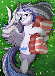 Size: 2550x3509 | Tagged: safe, artist:pridark, imported from derpibooru, oc, oc only, oc:ori, alicorn, pony, alicorn oc, commission, cutie mark, grass field, horn, hug, open mouth, outdoors, pillow, pillow hug, solo