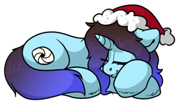 Size: 2000x1200 | Tagged: safe, artist:spoopygander, imported from derpibooru, oc, oc only, oc:cee, pony, unicorn, christmas, cutie mark, hat, holiday, horn, multicolored hair, outline, santa hat, secret santa, simple background, sleeping, smiling, solo, transparent background, unshorn fetlocks