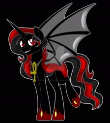 Size: 1600x1787 | Tagged: safe, artist:missbramblemele, artist:missmele-madness, imported from derpibooru, oc, oc only, alicorn, bat pony, bat pony alicorn, pony, ankh, black background, deviantart watermark, female, horn, mare, obtrusive watermark, simple background, solo, watermark