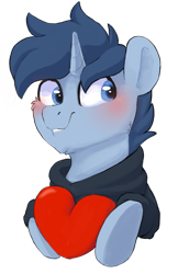 Size: 1561x2414 | Tagged: safe, artist:pucksterv, imported from derpibooru, oc, oc only, oc:tesseract, pony, unicorn, blushing, clothes, heart, hoodie, male, simple background, solo, stallion, transparent background