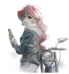 Size: 759x815 | Tagged: safe, artist:5mmumm5, imported from derpibooru, sunset shimmer, equestria girls, cellphone, clothes, female, jacket, leather jacket, motorcycle, phone, simple background, solo, white background