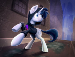 Size: 2320x1768 | Tagged: safe, artist:ikarooz, imported from derpibooru, oc, oc only, oc:tesseract, pony, city, clothes, commission, hoodie, rain, running, solo