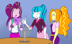 Size: 3483x2119 | Tagged: safe, artist:kazabomb, imported from derpibooru, adagio dazzle, aria blaze, sonata dusk, human, equestria girls, candle, hanukkah, religion, simple background, table, the dazzlings