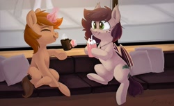 Size: 1920x1175 | Tagged: safe, artist:pucksterv, imported from derpibooru, oc, oc only, oc:coffee, oc:slumber tea, bat pony, bat pony oc, cup, gift art, milkshake, pillow, sitting