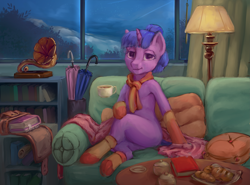 Size: 5149x3802 | Tagged: dead source, safe, artist:stratodraw, imported from derpibooru, twilight sparkle, semi-anthro, blanket, book, bookshelf, chocolate, clothes, cottagecore, couch, female, food, gramophone, hot chocolate, pillow, saddle bag, scarf, socks, solo, window