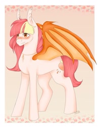 Size: 787x1015 | Tagged: safe, artist:themstap, imported from derpibooru, oc, oc only, oc:adostume, oc:peachy pop, bat pony, pony, :t, baka, blushing, bow, cute, peach, peaches, solo, tsundere