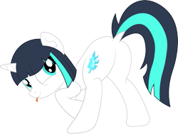 Size: 1273x962 | Tagged: safe, imported from derpibooru, oc, oc only, oc:dragonfire, pony, unicorn, fallout equestria, fallout equestria: child of the stars, butt, dock, fallout, fanfic art, female, looking at you, looking back, plot, present, presenting, rear view, silly, simple background, solo, tail, tongue out, transparent background